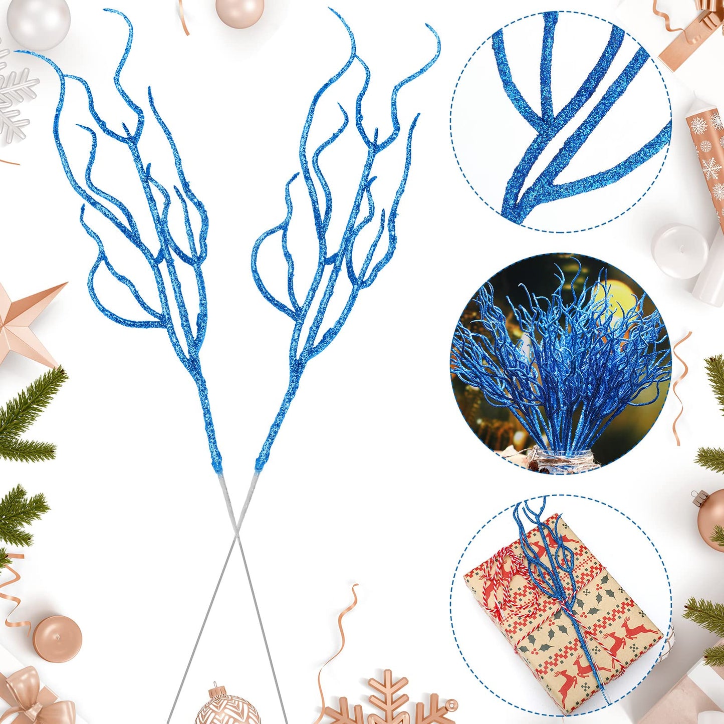 Jutom 30 Pcs Glitter Christmas Tree Pick 13.7 x 2.7 Inch Curly Tall Tree Filler Branches Sprigs and Twigs Decorations for Christmas Vase Xmas Gift Wedding Decoration(Blue)