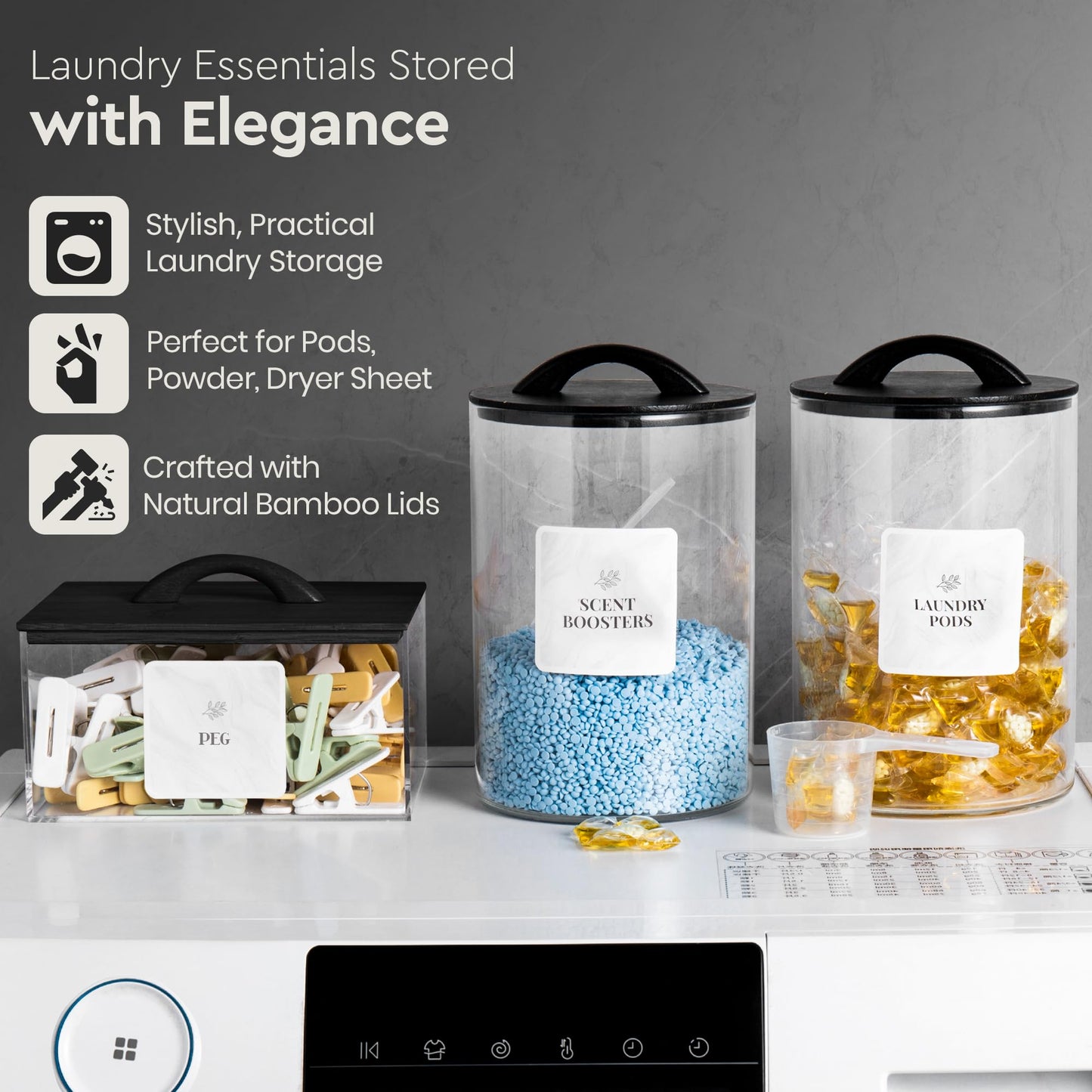 Laundry Pod Storage Container Set | Two 3L Glass Jars & One Acrylic Dryer Sheet Container with Bamboo Lids – Includes 2 Scoops, 60 Waterproof Laundry Labels – Dishwasher Safe