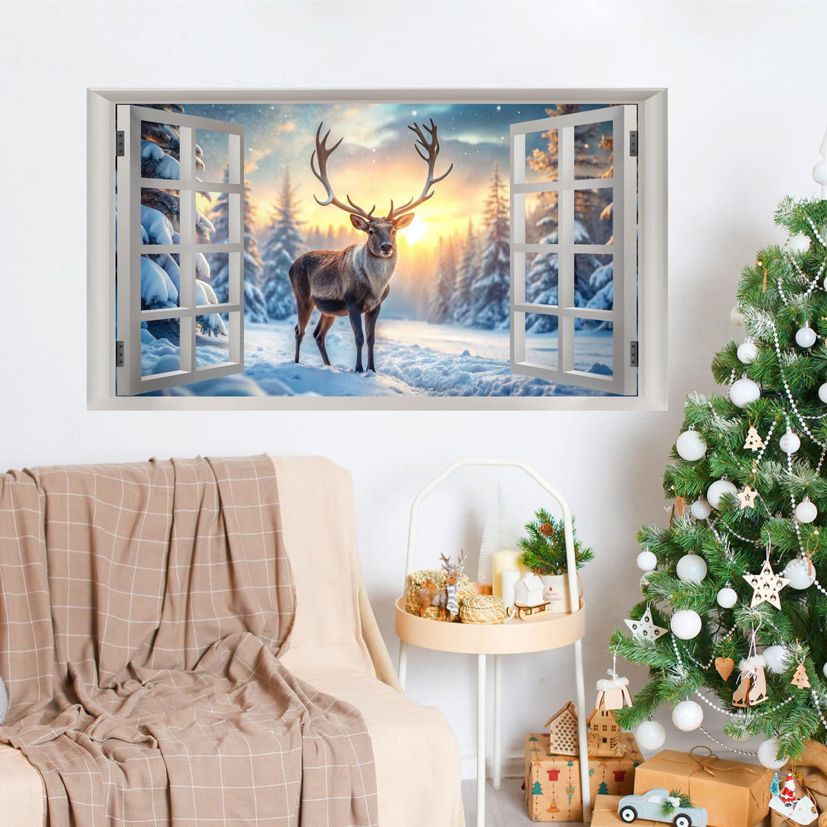 Winter Wall Stickers 3D Fake Windows Wall Stickers Christmas Wall Decals Peel and Stick Forest Wall Sticker Snowy Landscape Walls Decals Winter Pine Tree Art Murals for Living Room Bedroom Decor