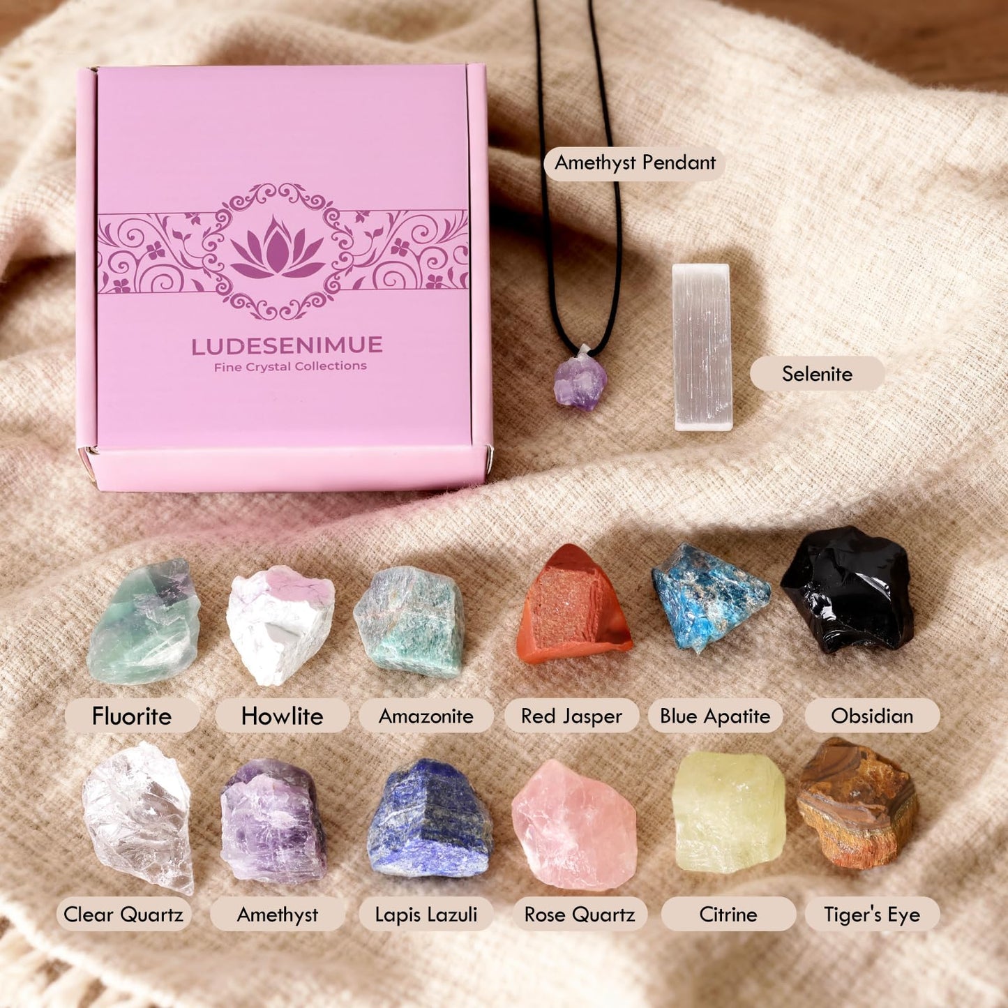 14Pcs Crystals and Healing Stones, Real Healing Crystals, Raw Crystals, Selenite Charging Plate, Amethyst Necklace, Rose Quartz