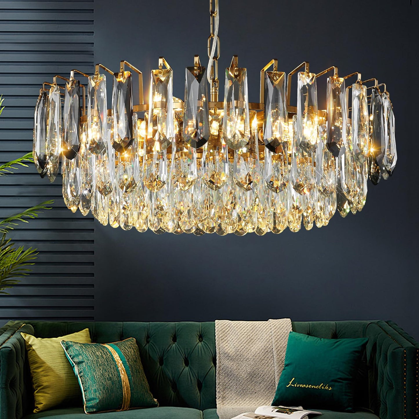 XIAOQIWU 23.6" Modern Crystal Chandelier with Grey Crystal Gold 3-Tier Luxury Pendant Light 12-Light Ceiling Pendant Lighting for Dinning Room Living Room Foyer
