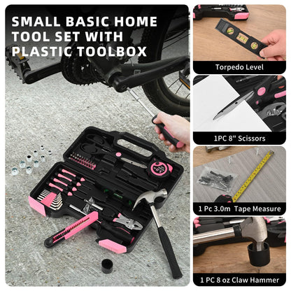 GETFOO 144-Piece Pink Tool Kit Basic Home Repair Tool Set General Household Hand Tool Kit Small Tool Kit with Plastic Toolbox basic home tool kit for Women, Office & College Repairs