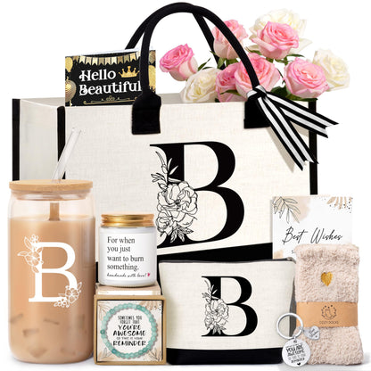 Lepiche Birthday Gifts for Women, Monogrammed Initial Gift for Teacher Wife Mom, Tote Bag,Glass Cup Gift Basket Personalized Christmas Mother's Teacher Appreciation Day,B