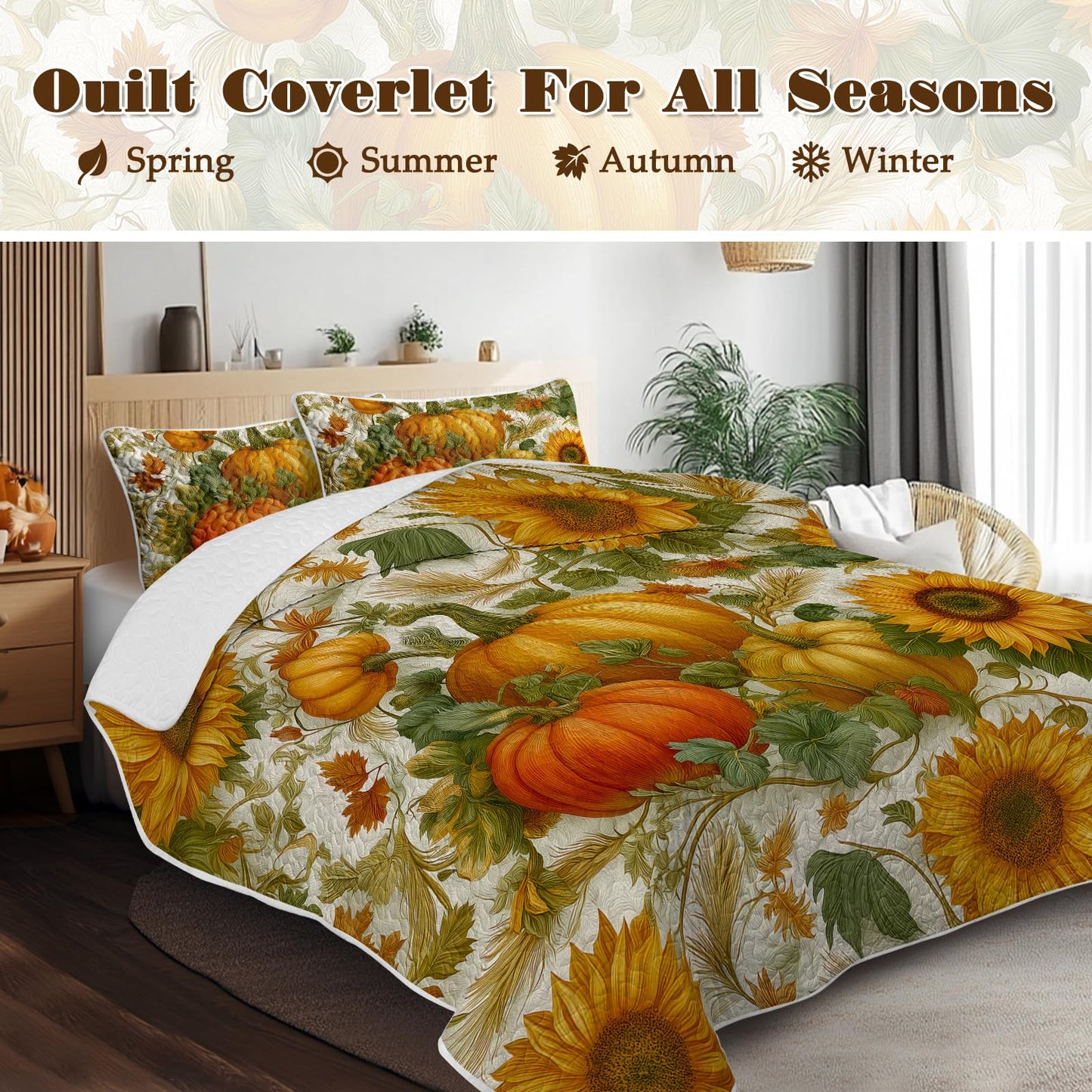 BlessLiving 3-Piece Fall Quilt Set King Size, Soft Microfiber Lightweight Pumpkin Mushroom Pattern Bedspreads Coverlets Bedding Set with 2 Pillow Shams for All Seasons, Autumn Bed Cover for Adults