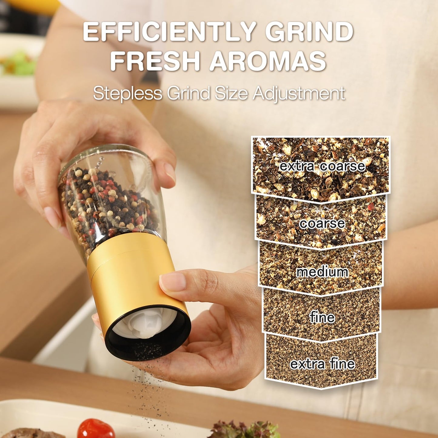 Vucchini Gold Salt and Pepper Grinder Mill - Adjustable Coarseness Ceramic Brass Spice Grinder Shaker - Refillable Glass Pepper Grinders for Home Golden Kitchen Accessories