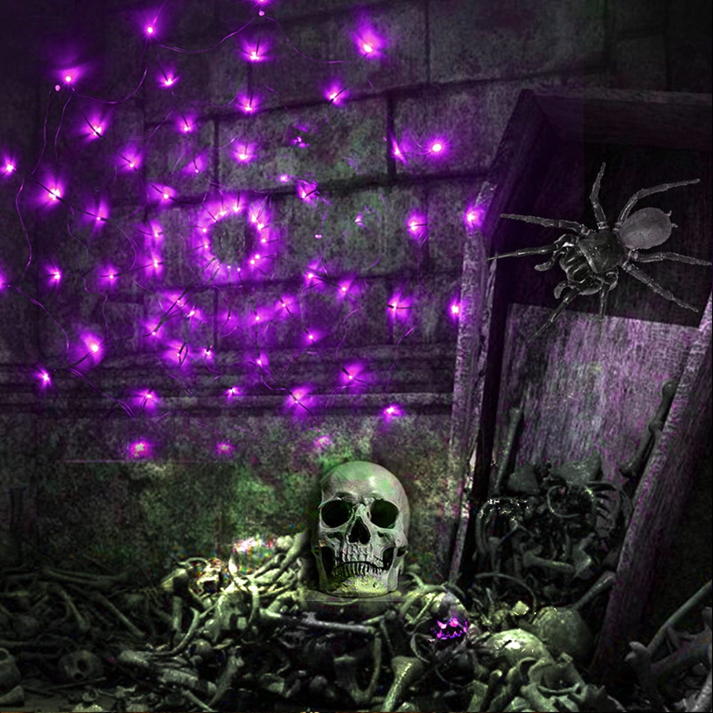 FUNPENY Halloween 80 LED Spider Web Lights with Spider, Battery Powered 8 Modes Light up Cobweb Halloween Decorations for Indoor Ourdoor Garden Yard Home Patio (Purple)