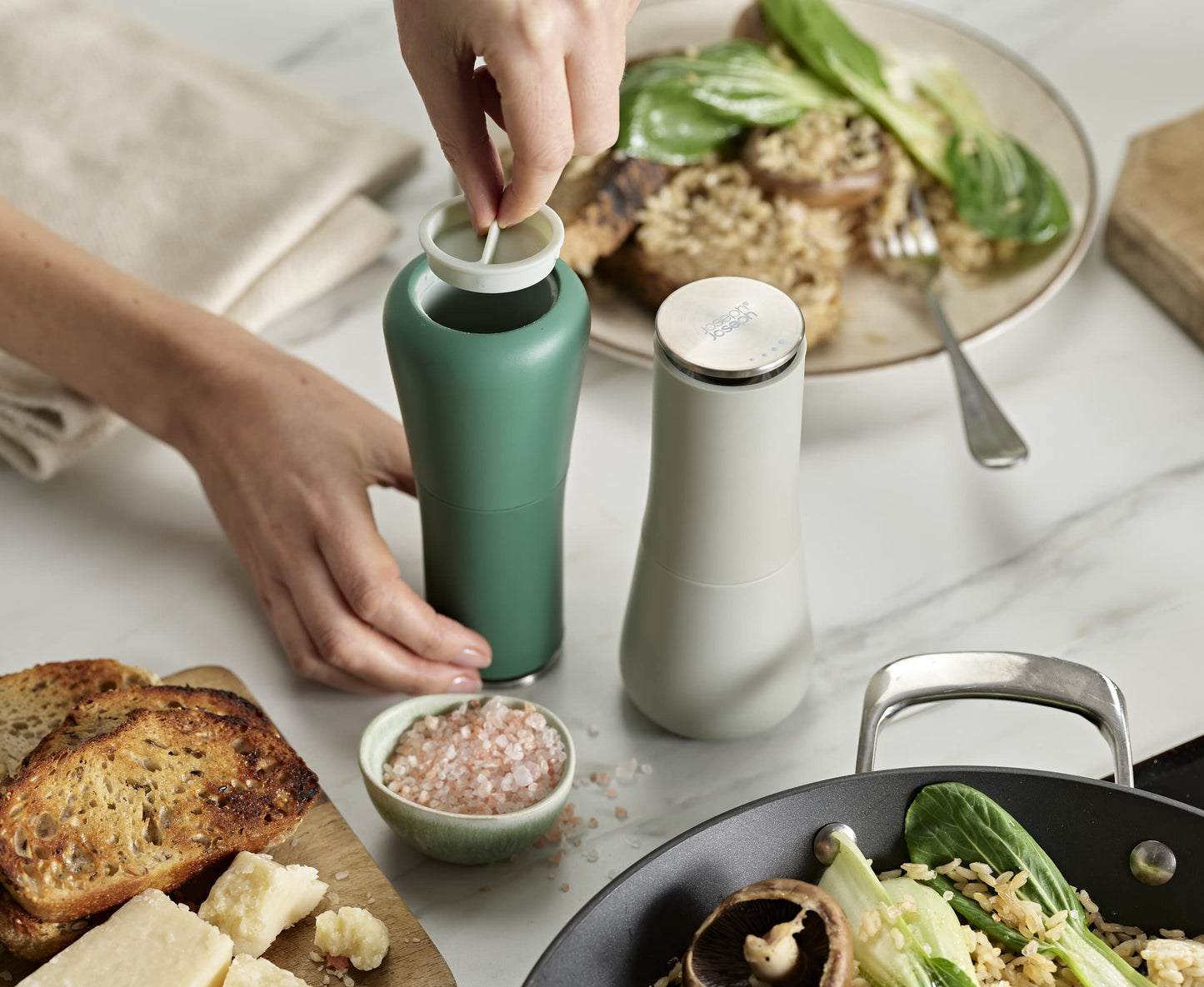 Joseph Joseph Milltop Non-Spill Salt and Pepper Mill Set Refillable with Ceramic Grinding, Sage Green, 8