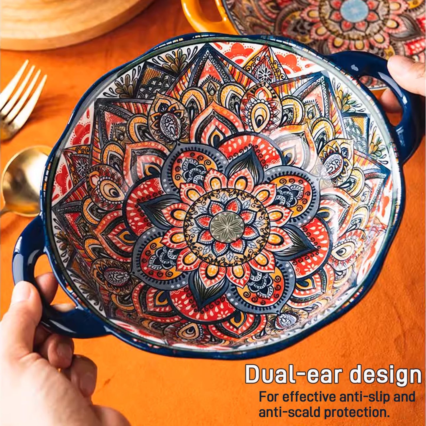 Ronanemon Bohemia Large Bowls with Handle, 40 oz Ceramic Soup Bowl for Salad, Pasta, Cereal,Fruit, Udon, Microwave & Dishwasher Safe (Blue)