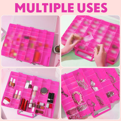 Juexica 2 Pcs Large 48 Grids Plastic Storage Bead Organizer Box, Tackle Box, Compartment Organizer Container with Adjustable Dividers for Jewelry Art Crafts Toys Screw Small Parts(Pink)