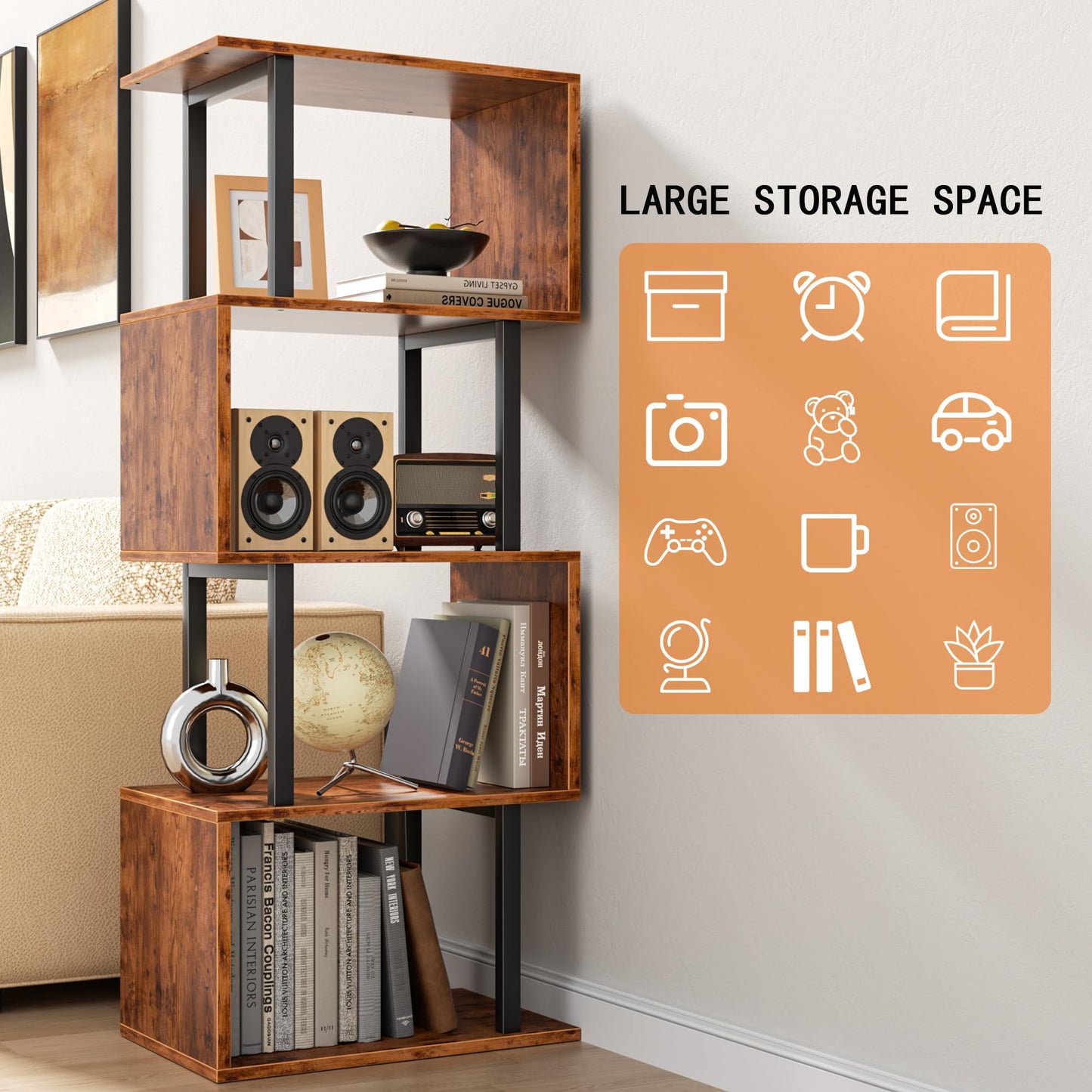 Furologee 5 Tier Bookshelf, S Shaped Geometric Bookcase, Narrow Freestanding Display Shelves, Modern Wood Decorative Storage Rack for Bedroom, Living Room, Home Office, Rustic Brown