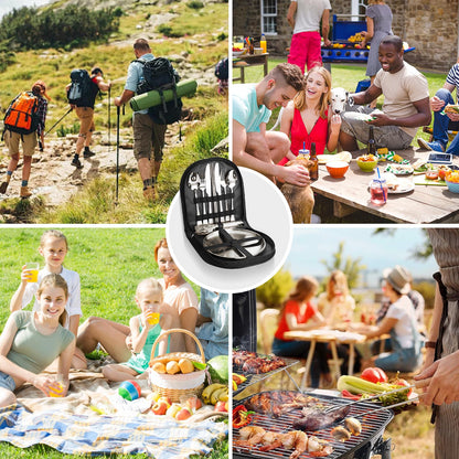 KEJJRIUTN Camping Cutlery Set, 12-Piece Stainless Steel with Plates and Case, Portable Outdoor Dining Kit, Silver
