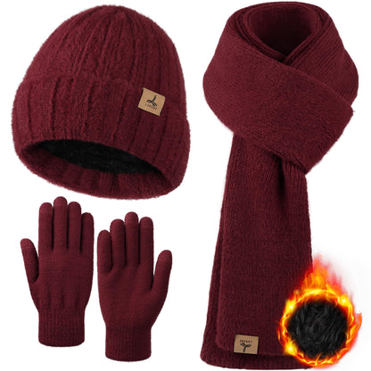 Winter Beanie Hat Scarf Gloves, Warm Fleece Knit Hat Long Scarf Neck Warmer Touch Screen Winter Gloves Set Gifts for Women Wine Red