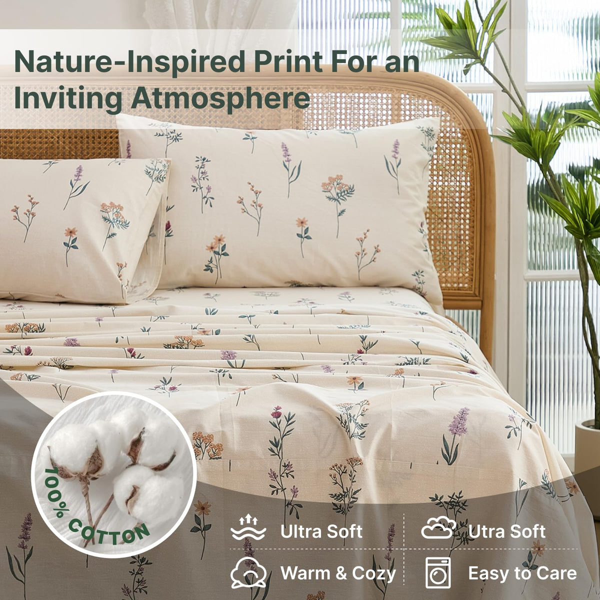 Cozaline Cream Floral Sheets Set Queen Size 100% Cotton, 4 Pieces, Soft & Breathable Percale Weave Bedding, Deep Pocket 17.5", Crisp Cool Feeling, Durable, Perfect Cute Floral Bed Sheet