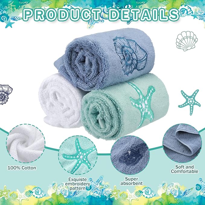 3 Pack Coastal Hand Towels for Bathroom 100% Cotton Embroidered Beach Bathroom