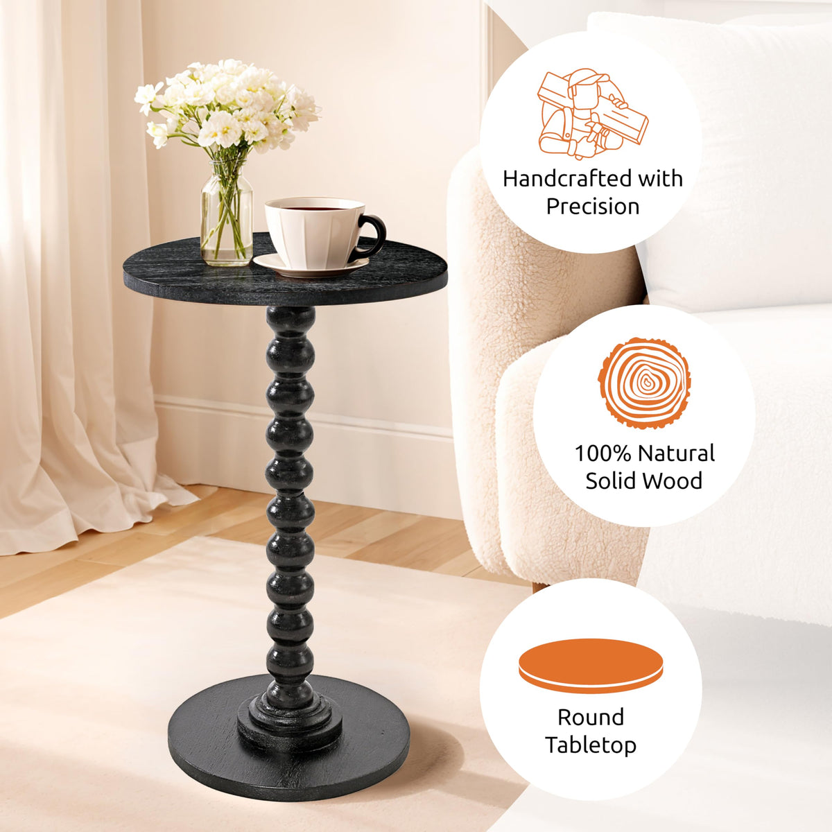LIVINGNISH Solid Wood Round Side Table for Living Room, Bedroom and Office — Handcrafted 22-Inch End Table, Bedside Nightstand, Accent Table for Small Spaces with Tool-Free Assembly- Charcoal Gray