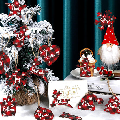 36 Pieces Christmas Buffalo Plaid Ornaments Christmas Tree Wooden Hanging Decor Black and Red Wooden Christmas Ornaments Reindeer Snowman Plaid Christmas Tree Decorations(Multiple Style)