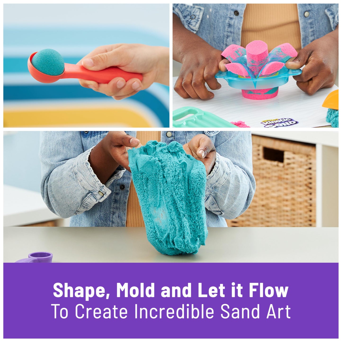 Kinetic Sand Ultimate Sandisfying Set, 2lb of Sand. Pink, Yellow and Teal, 10 Moulds and Tools, Sensory Toys for Kids Ages 7+