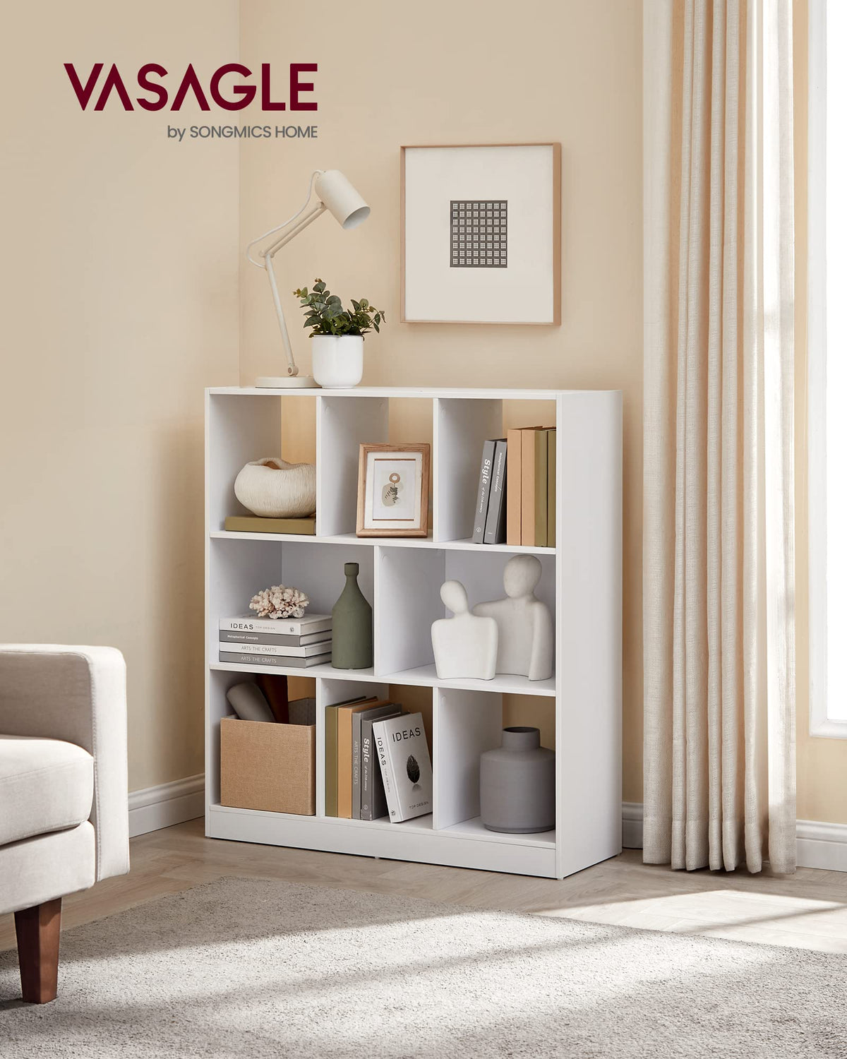 VASAGLE Custos Collection - Bookcase, Bookshelf, Freestanding Storage Unit, Used Horizontally, Vertically, Upside Down, 11 x 35.4 x 39.4 Inches, for Living Room, Study, Office, Cloud White ULBC55WT