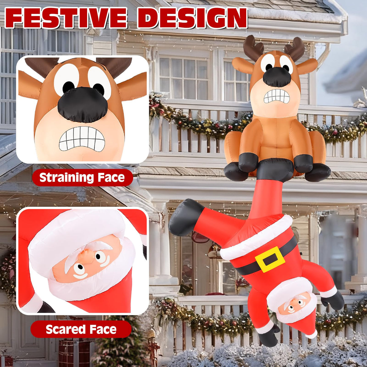 Christmas Inflatable Roof Outdoor Decorations, 8FT Inflatables Reindeer & Climbing Santa, LED Lights Blow up Holiday Hanging Decor for Window Indoor Rooftop Outside Balcony Garden Restaurant Café