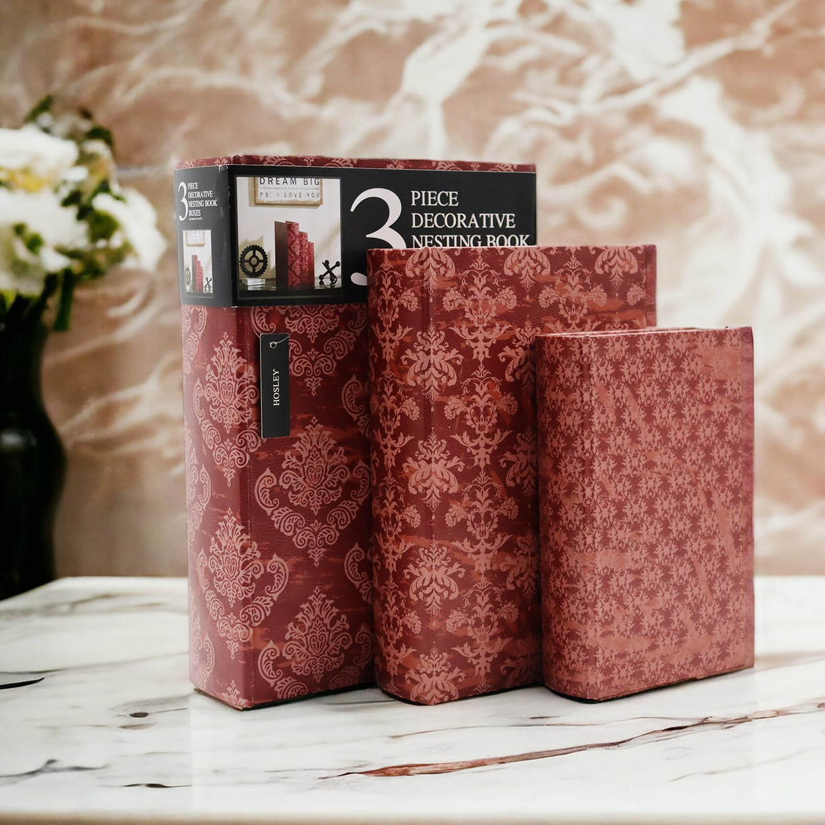 Hosley Farmhouse Memory Book Boxes Set of 3, Red Brown & Gold, Decorative Nesting Storage Boxes 12 10 8 Inch, Faux Leather Keepsake Photo Jewelry Box for Wedding Gift