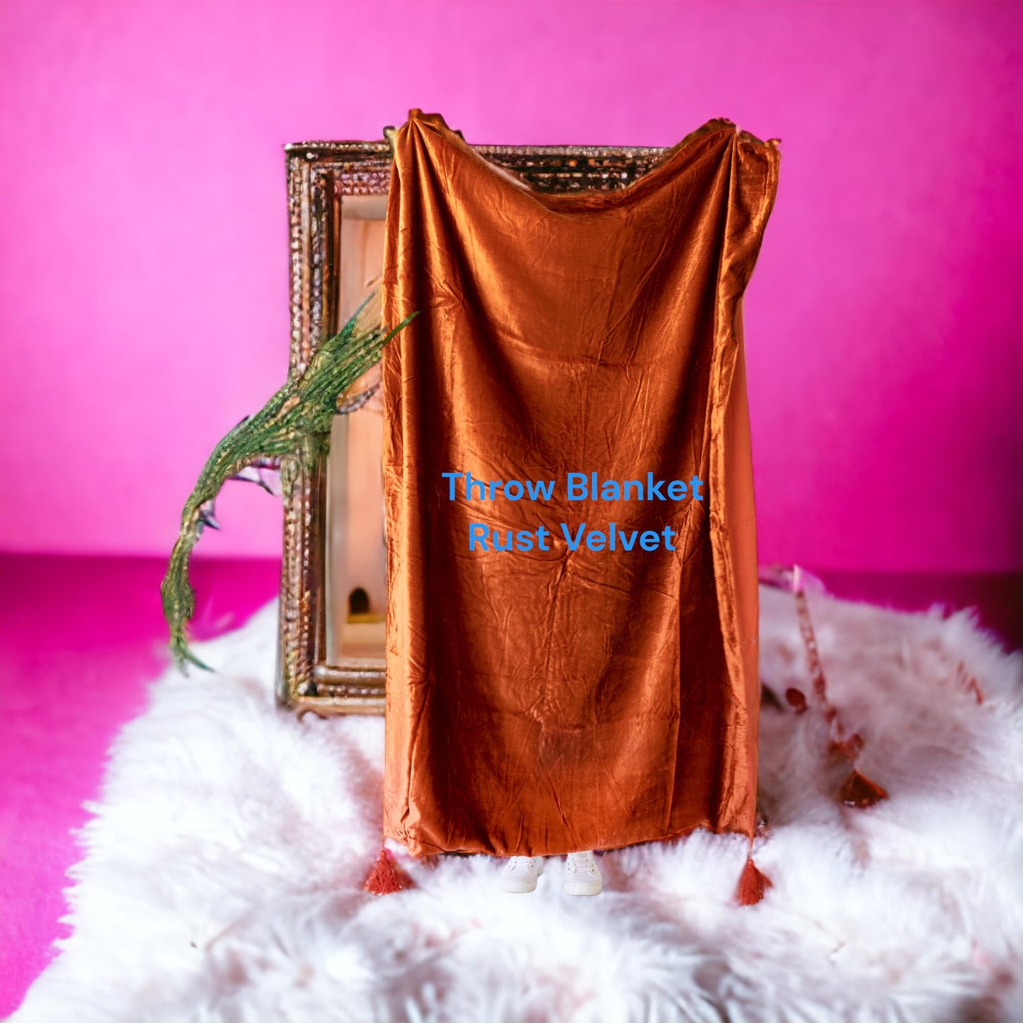 Sophia-Art Luxury Crushed Velvet Throw Blanket with Tassels Sofa Bed Soft Blankets Boho Warm Throws Cozy Plush Lightweight Pet (50x60 inches, Rust)