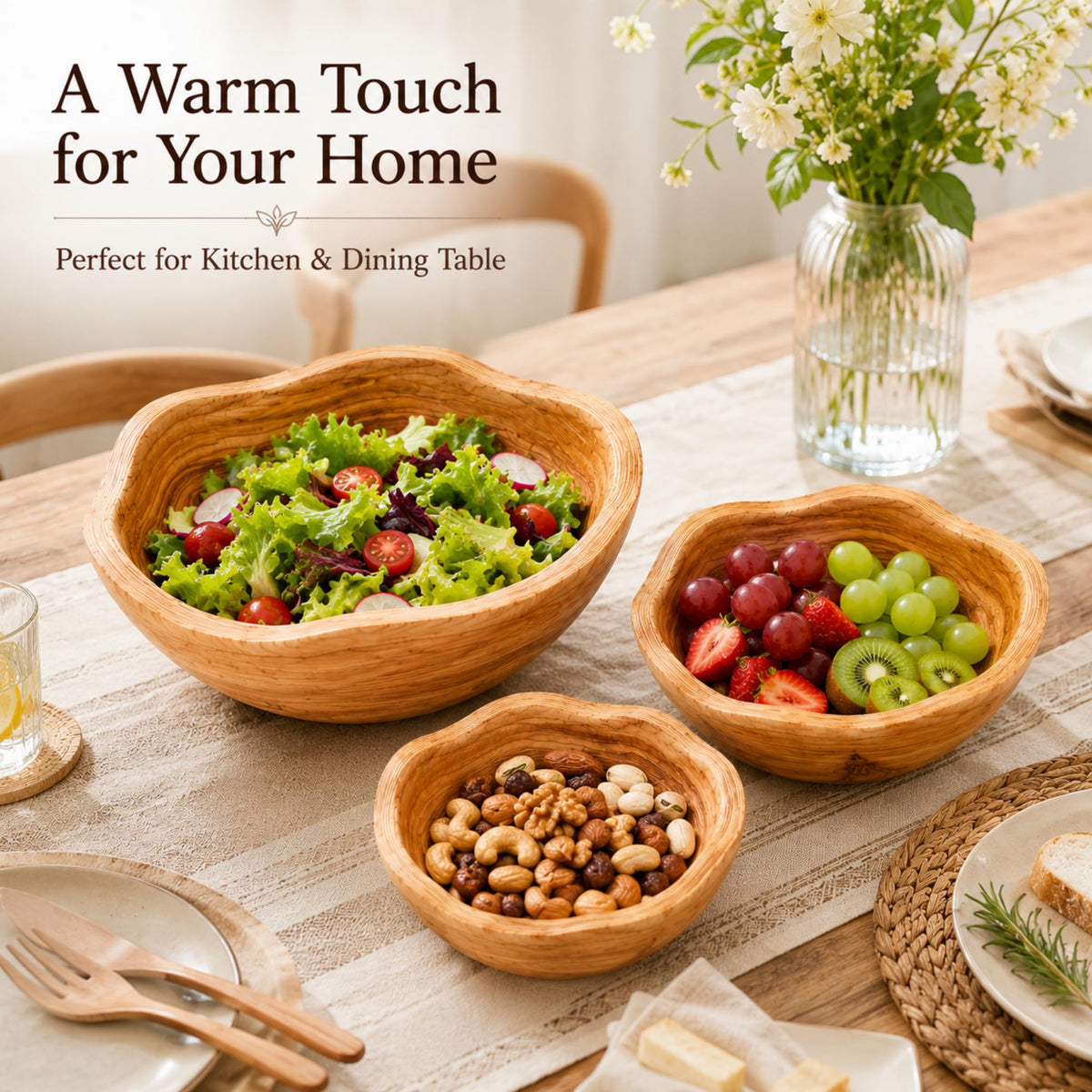 Hushee Set of 3 Wooden Bowls Decorative 8"-14" Handmade Natural Wood Fruit Bowl Creative 3 Sizes Rustic Keys Serving Wood Dish Decor for Entryway Kitchen Counter Bread Salad Snack Dough Candy Dish