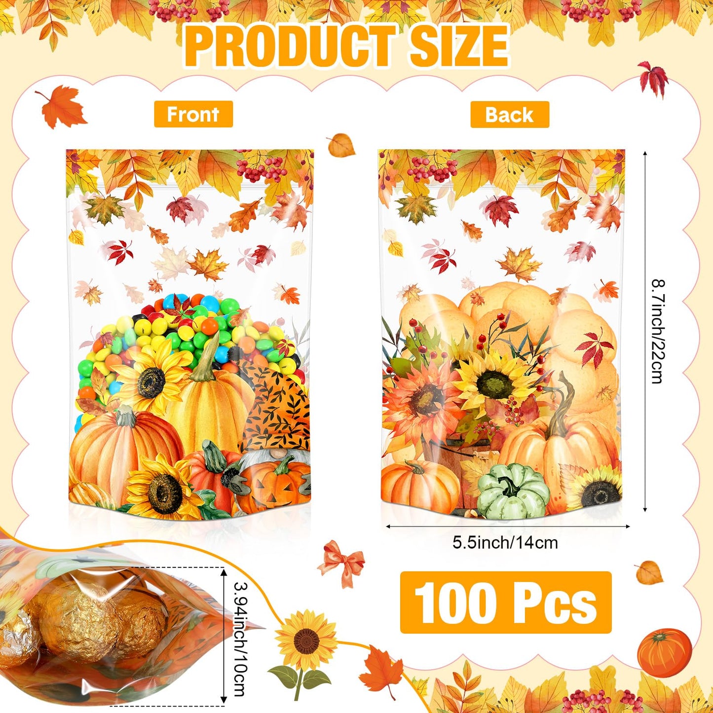 Capoda 100 Pcs Thanksgiving Gift Bags Resealable Clear Fall Treat Bags Maple Leaf Treat Plastic Pouches Pumpkin Favor Pouch for Autumn Harvest Party Candy Small Gift Wrapping Supplies Decoration