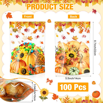 Capoda 100 Pcs Thanksgiving Gift Bags Resealable Clear Fall Treat Bags Maple Leaf Treat Plastic Pouches Pumpkin Favor Pouch for Autumn Harvest Party Candy Small Gift Wrapping Supplies Decoration