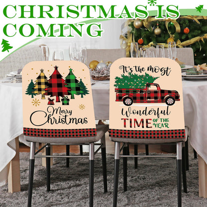 Ganeen 6 Pcs Christmas Chair Cover Buffalo Plaid Dining Chair Santa Claus Hat Shoes Felt Slipcovers Merry Christmas Back Covers for Banquet Kitchen Holiday Party Decoration(Vibrant Style)