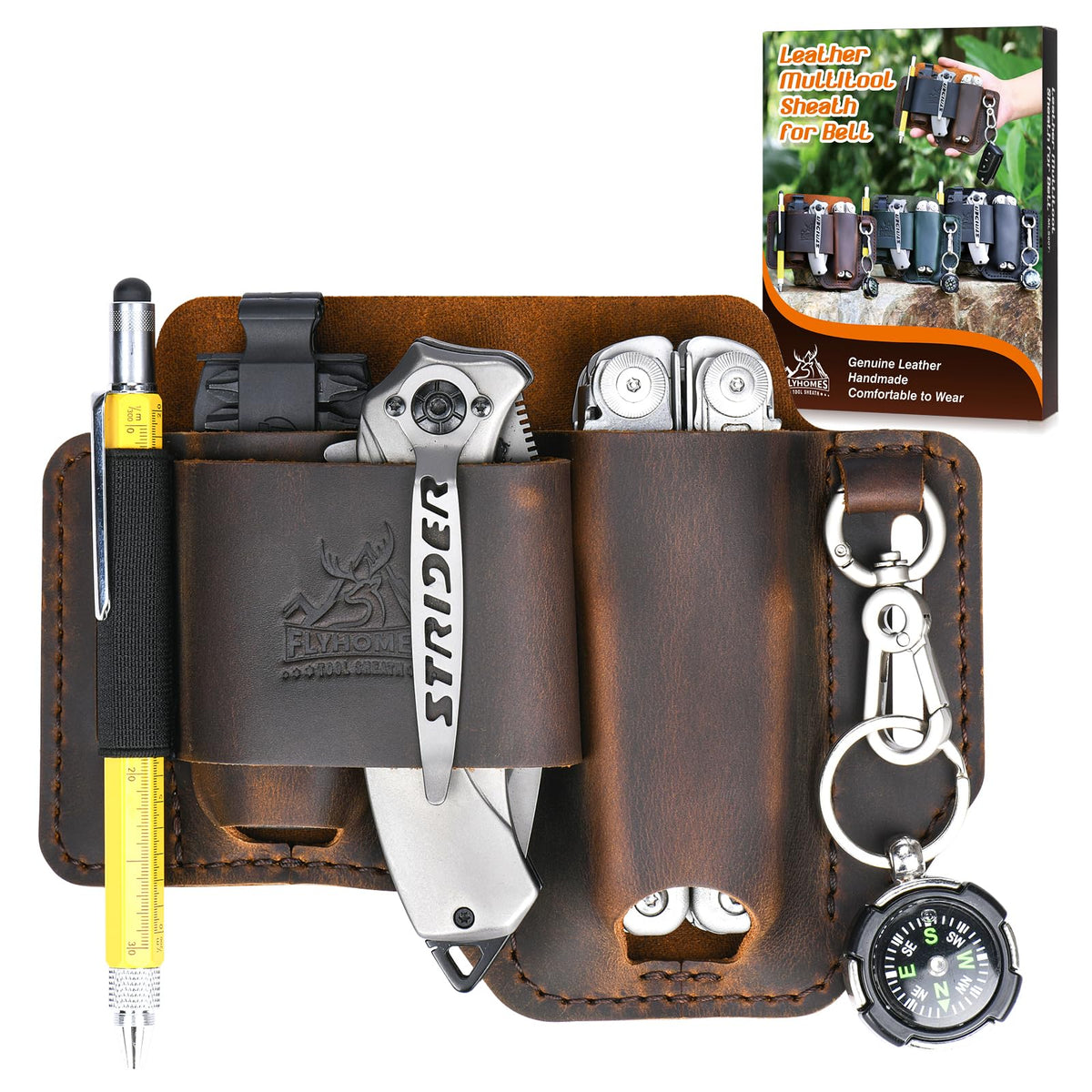 FLYHOMES Genuine Leather Multitool Sheath | Handmade Stitched Belt Organizer for Leatherman Surge | Holds Bit Kit & Extender | Flashlight Holster, Pen & EDC Tools Pouch | Dark Brown