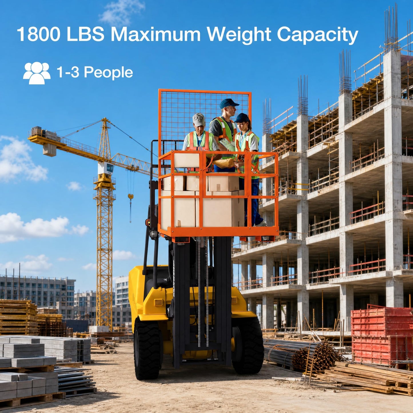 43"x45" Forklift Safety Cage with Wheels, Heavy Duty 1800 LB Capacity Forklift Man Basket with Safety Harness & Lock, Forklift Work Platform Lift Basket for Lifting Loader