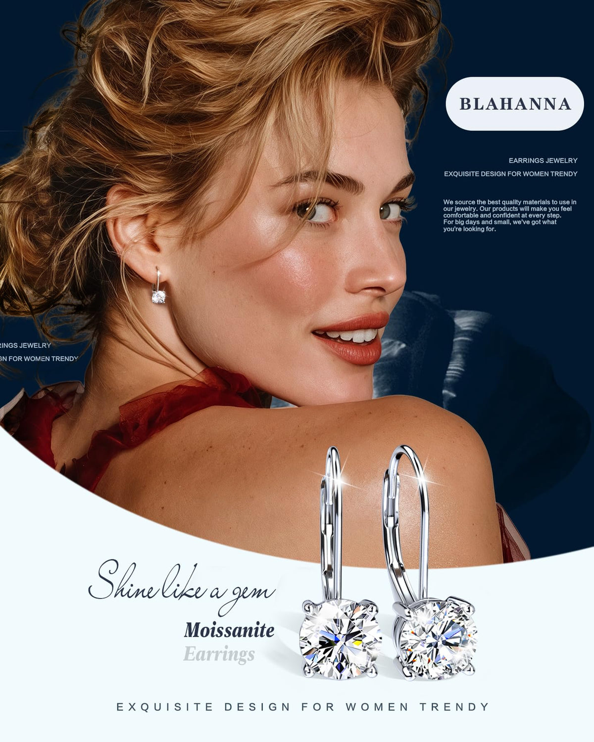 Blahanna Moissanite Earrings,1.0ct D Color Brilliant Round Cut Earrings S925 Sterling Silver Dangle Earrings Moissanite Leverback Drop Earring silver 6.5mm