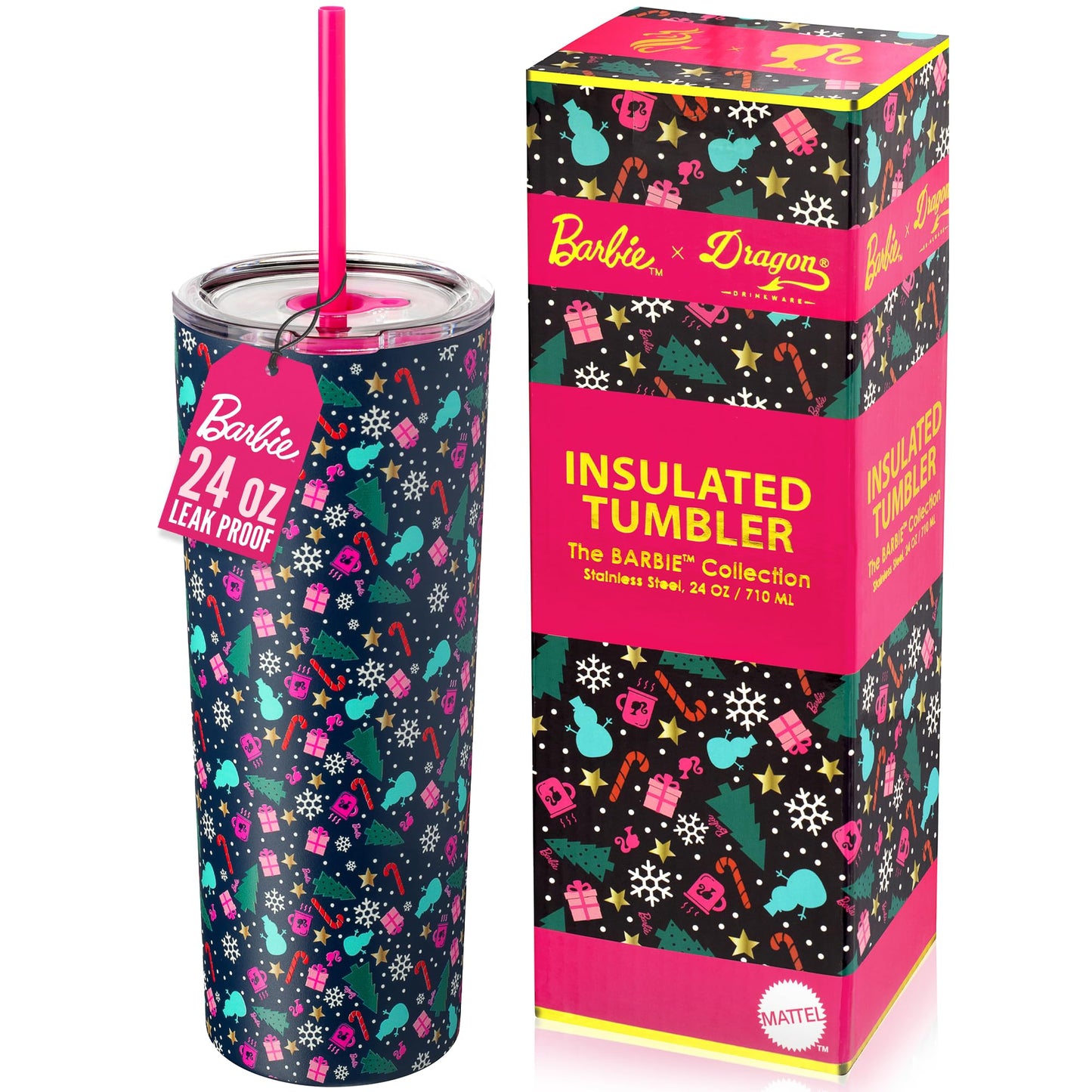 Dragon Glassware x Barbie 24 oz Insulated Stainless Steel Tumbler with Lid and 2 Straws - Festive Holiday Travel Coffee Tumbler Cup to Keep Drinks Hot or Cold, Fits Cup Holders - Christmas Theme