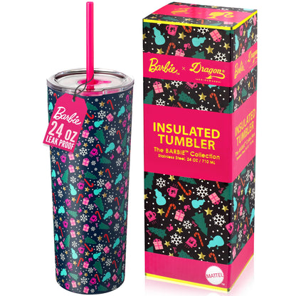 Dragon Glassware x Barbie 24 oz Insulated Stainless Steel Tumbler with Lid and 2 Straws - Festive Holiday Travel Coffee Tumbler Cup to Keep Drinks Hot or Cold, Fits Cup Holders - Christmas Theme