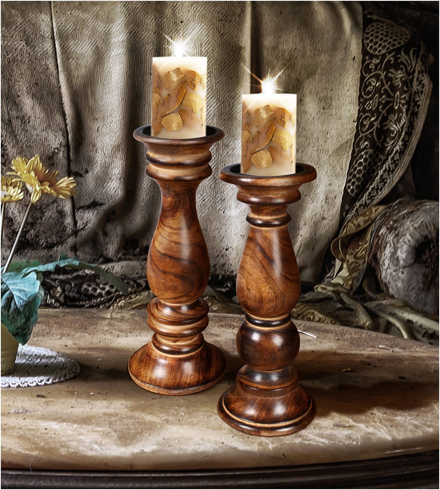 The Wooden Town Rustic Candle Holder Set of 3 – 10", 8", 6" – Burnt Finish Wooden Pillar Stands for Wedding, Party, Home Décor, Spa – Country Style Gift for Table Centerpiece