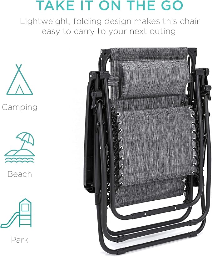 Best Choice Products Folding Zero Gravity Outdoor Recliner Patio Lounge Chair w/Adjustable Canopy Shade, Headrest, Side Accessory Tray, Textilene Mesh - Gray