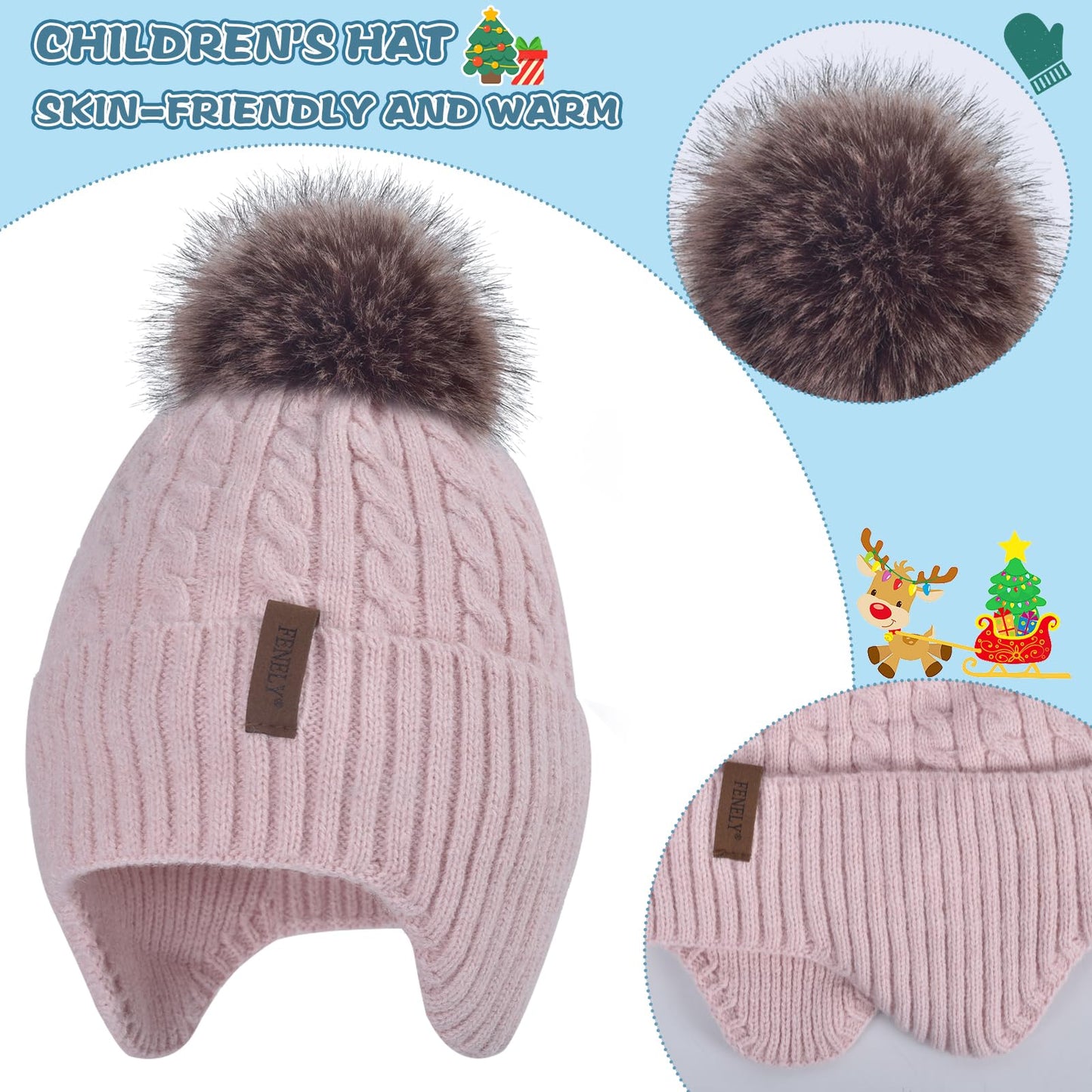 Winter Hat Gloves Scarf Set for Kids Earflap Beanie with Cute Pom Knit Girls Children Baby Toddler Pink Warm Wool Fleece Lining 10 11 12 13 14 Years Old