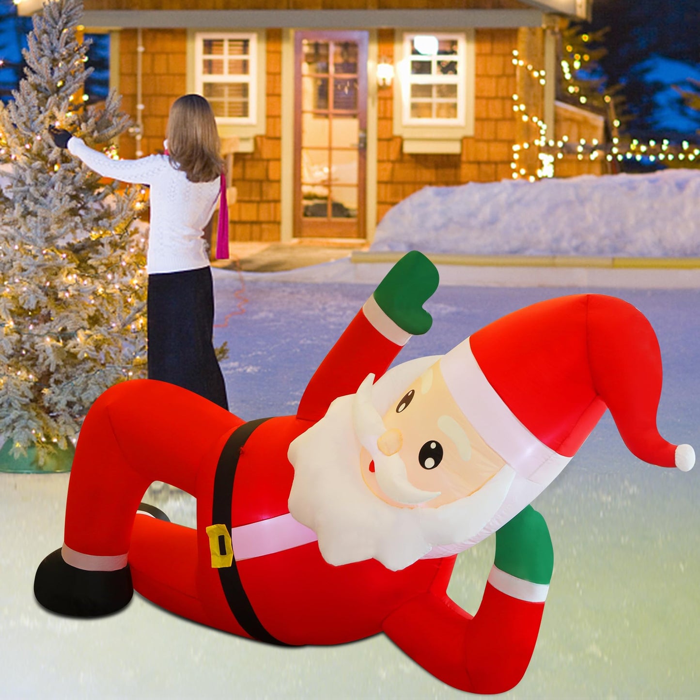 Juegoal Christmas Inflatables Outdoor Decorations, 12FT Long Inflatable Xmas Santa Claus, Lighted Blow Up Giant Lying Santa with Built in LED Lights, Light Up Holiday Winter Lawn Yard Garden Decor