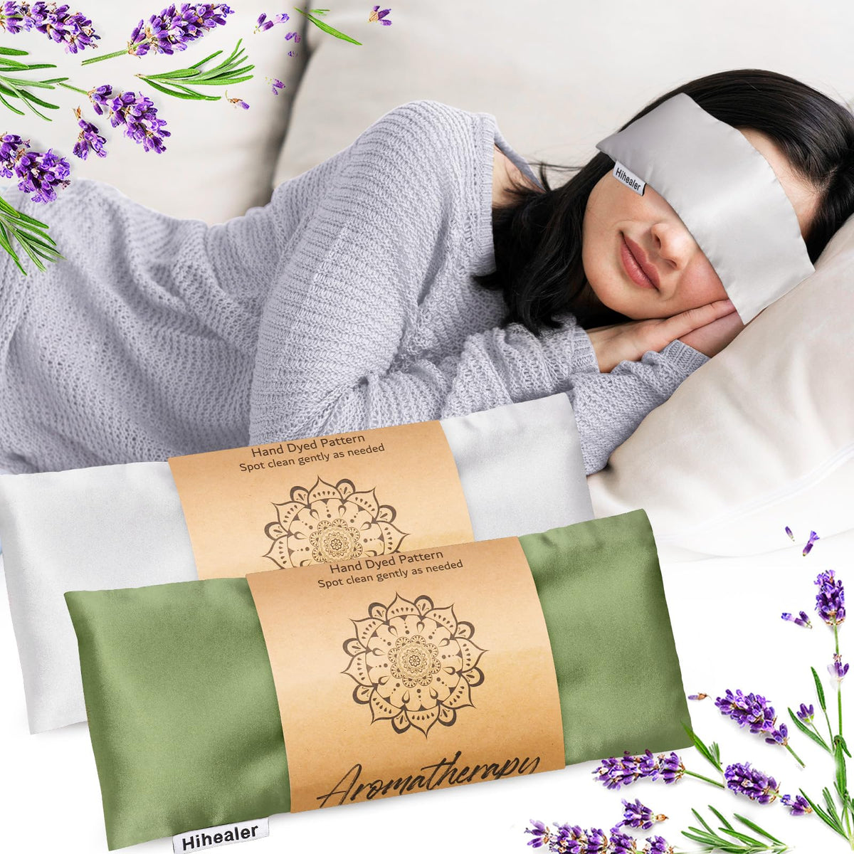 Eye Pillow for Sleeping, Headache Relief, Sinus Pressure, Weighted Eye Mask for Relaxation, Yoga, Moist Heat Eye Compress, Meditation Accessories, Lavender Gift Set for Women (Green & Silver (Silk))
