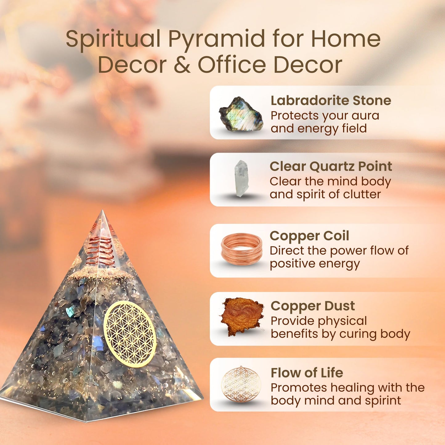 Labradorite Orgone Pyramid Handmade – Orgonite Crystal Pyramid with Copper Coil – Meditation Decor, Spiritual Desk Accent, Chakra Inspired Home & Office Gift