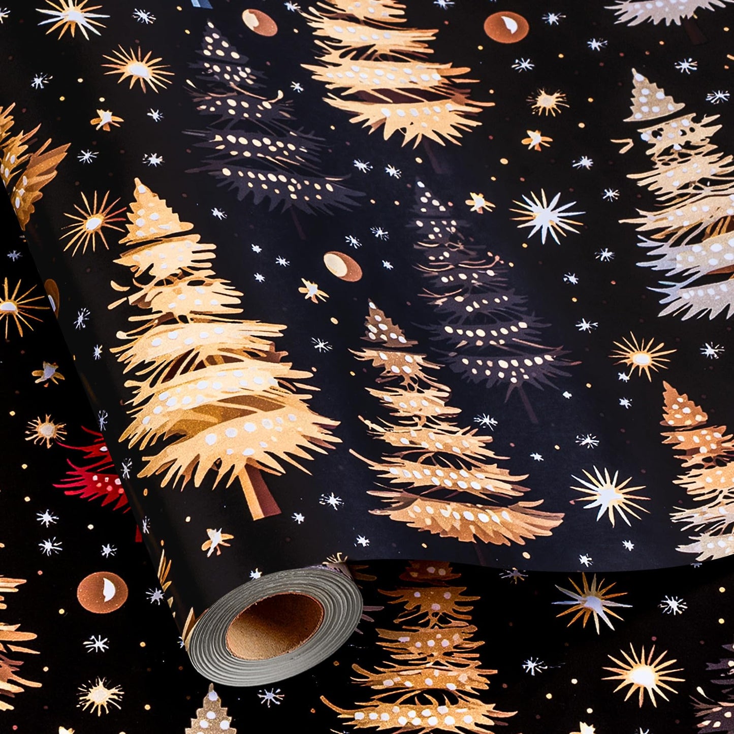 Garbendy Christmas Wrapping Paper Roll - 17 Inch X 32.8 Feet - Colorful Gold ChristmasTree Forests Design with Cut Lines on back for Christmas, Holiday, Party, Celebration