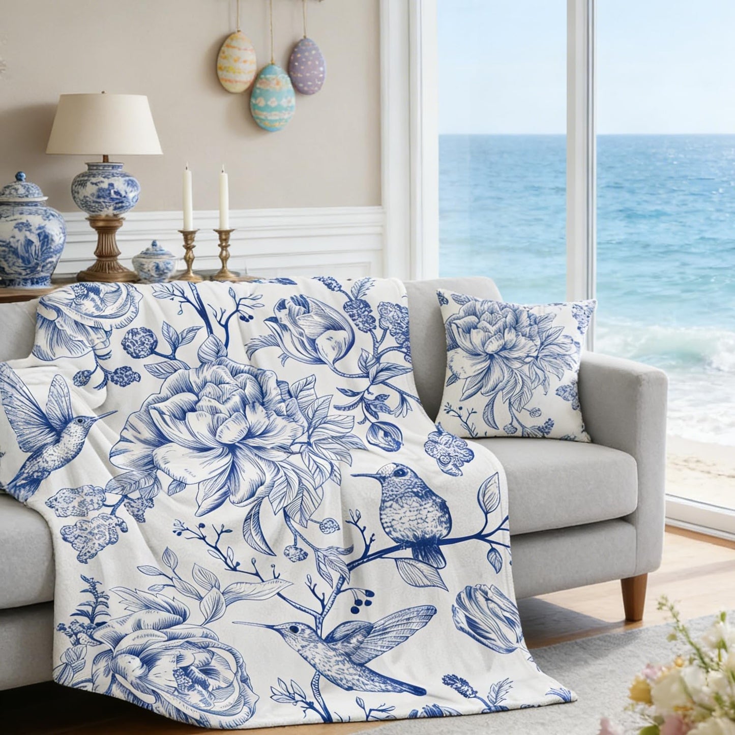 yuboo Blue Floral Throw Blanket, Blue and White Chinoiserie Flannel Blanket with Hummingbird and Flower Design, Soft 50 x 60 Inch Throw for Couch, Bed, Living Room, Bedroom Decor