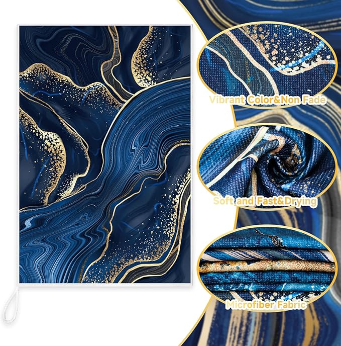 Boyiee 6 Pcs Marble Hand Towels Blue and Gold Towels Navy Blue Kitchen Towel