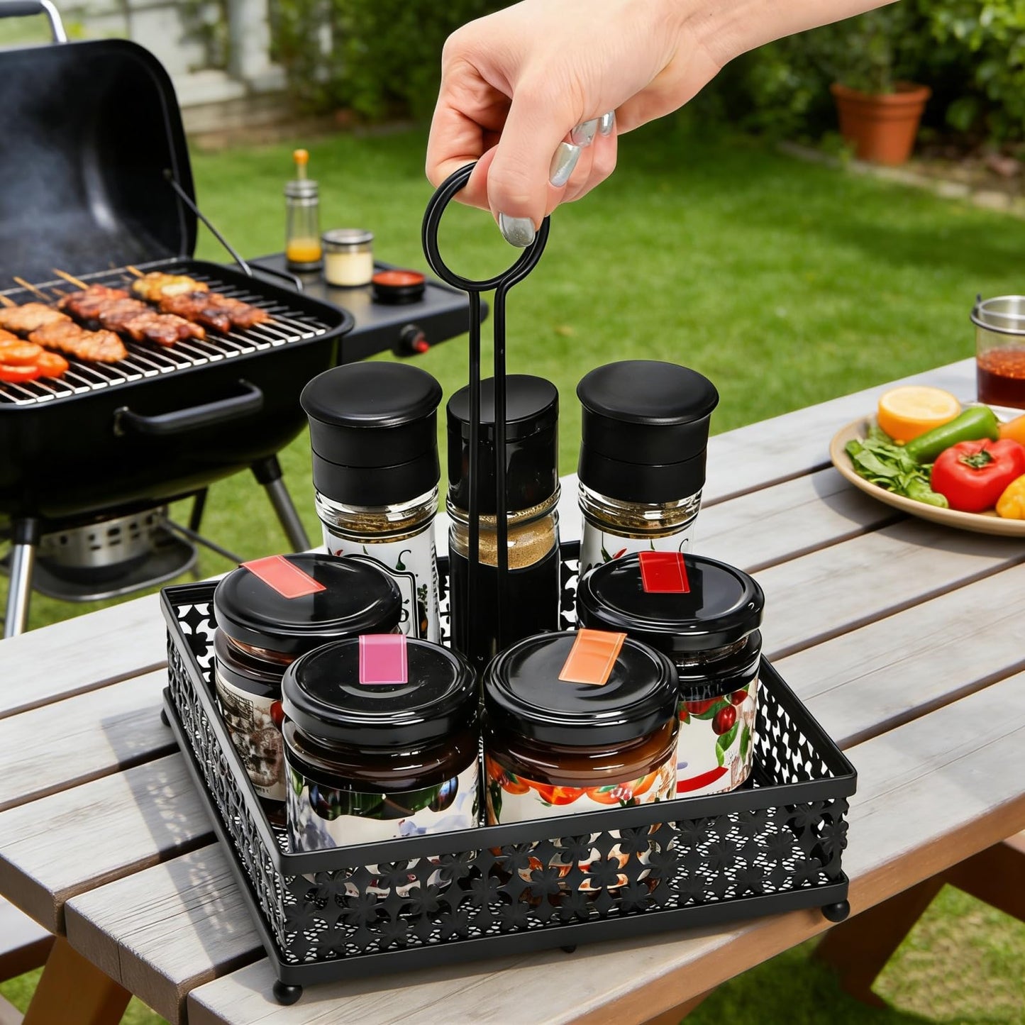 ZAVOOS 2 Pack Condiment Caddy, Metal Square Table Caddies Collection Spice Organizer with Number Card Holder for Kitchen Cabinet, Floral Decor Seasoning Sauce Holder for Outdoor Grill, Picnic, Party
