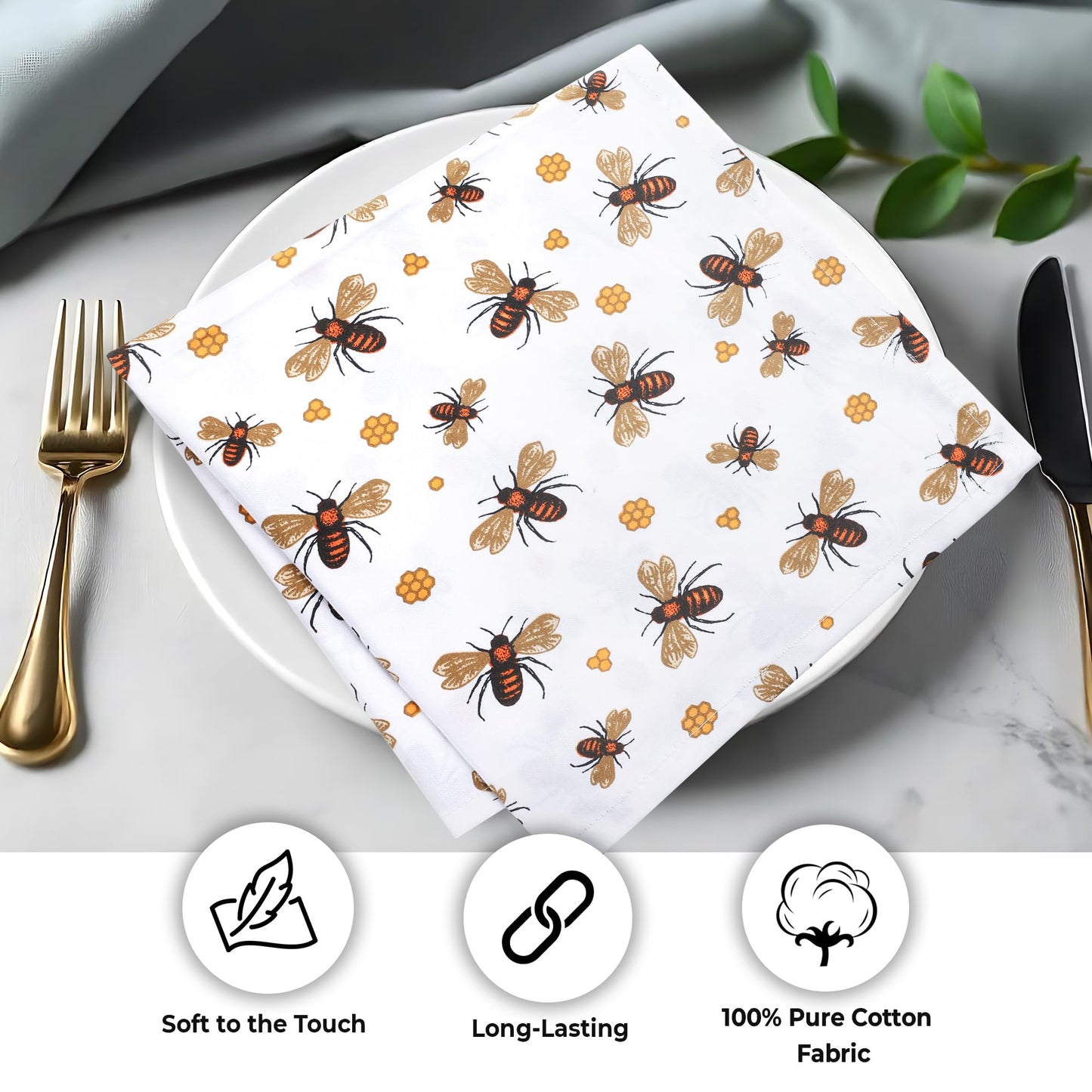 Urban Villa Dinner Napkins Honey Bee Print Cloth Napkins (Set of 12) Oversized 20x20 Inches 100% Cotton Premium Quality Soft Durable with Mitered Corners Reusable Washable Everyday Use Parties Napkins