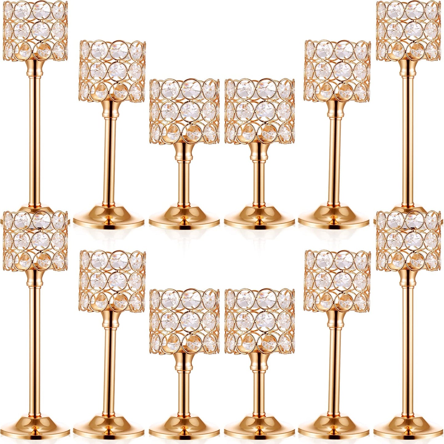 Mumufy 12 Pieces Crystal Candle Holders Set 3 Sizes Tall Crystal Wedding Candlestick Holders Pillar Candelabra Stand for Table Centerpieces for Christmas Party Wedding Dining Decoration (Gold)
