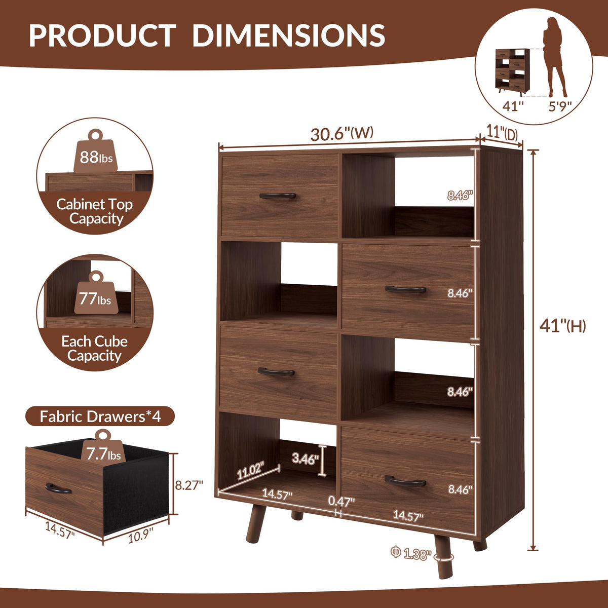 ELYUP Bookcase with Fabric Storage Bins - 8 Cube Organizer Display Bookshelf for Home Office, Walnut