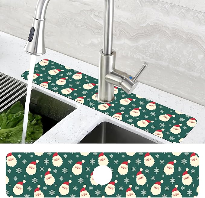 Christmas Kitchen Sink Splash Guard Mat Santa Claus and Snowflakes Sink Splash