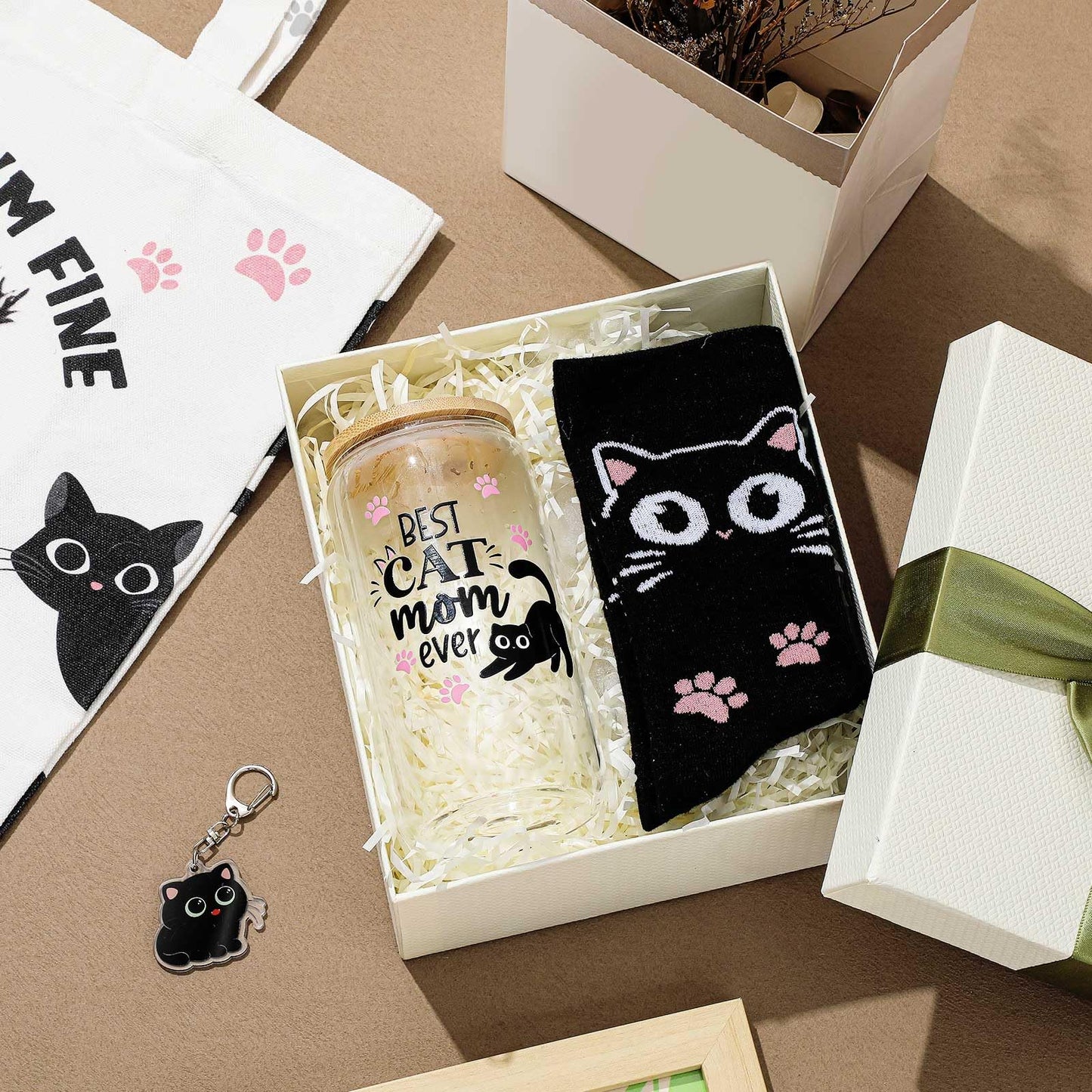Paterr 4 Pcs Black Cat Gifts for Women, Mother's Day Black Cat Lover Gift for Mom Birthday Decorations, with Canvas Tote Bag 16oz Glass Coffee Cup with Straw Socks Cute Keychain