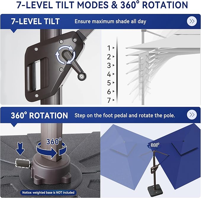 10 X 13 FT Cantilever Outdoor Patio Umbrella with Led Lights Large Heavy Duty 360° Rotation Double Top Offset Rectangular Umbrellas for Backyard Garden Pool Outside Deck, Navy